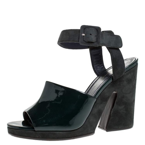 Celine Green Patent Leather And Suede Ankle Strap Open Toe Platform Sandals 37 - Picture 7 of 8
